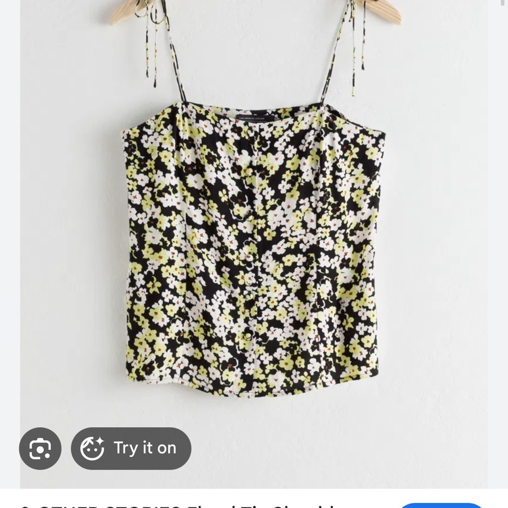 & Other Stories Black Floral Tie-Shoulder Cami with Yellow and White Accents